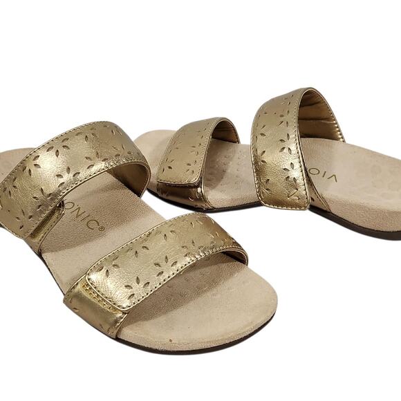 VIONIC WOMENS RANDI GOLD METALLIC LEATHER COMFORT SLIDE SANDALS ADJUSTABLE SZ 6 - Picture 2 of 8
